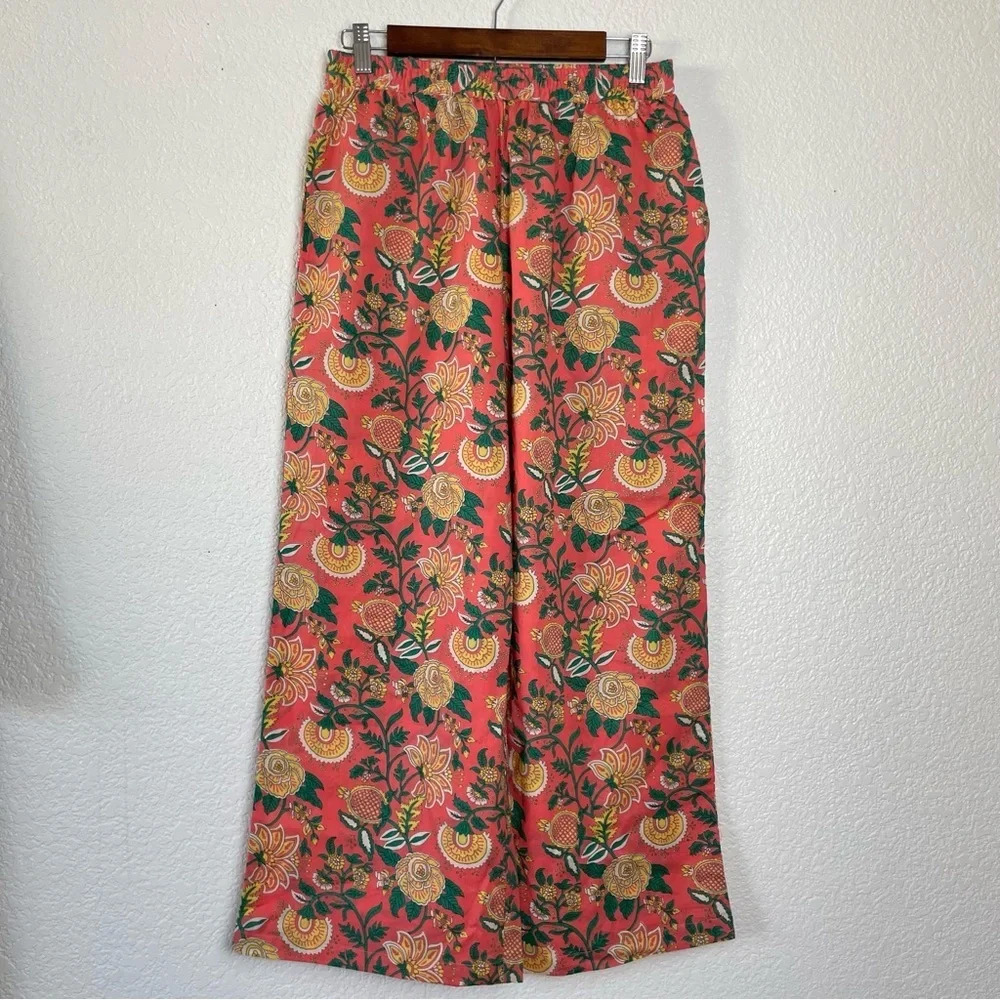 Wide-Leg Floral Trousers in Coral